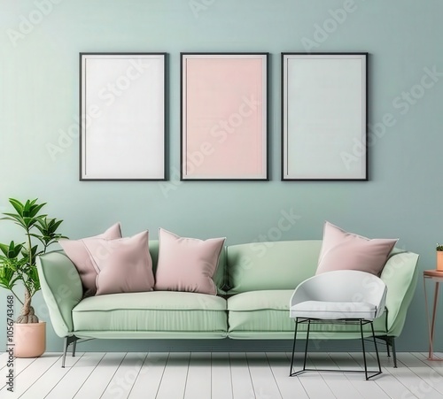 A green sofa with pink pillows and a white chair in a minimalist living room with three framed posters on the wall