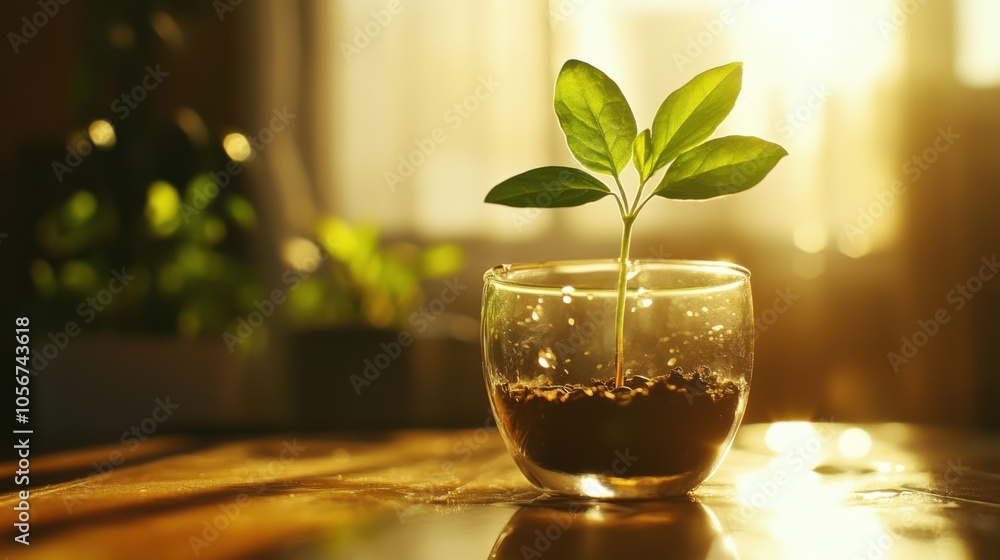 A young plant sprouting inside a glass container, A young plant sprouting inside a glass container,