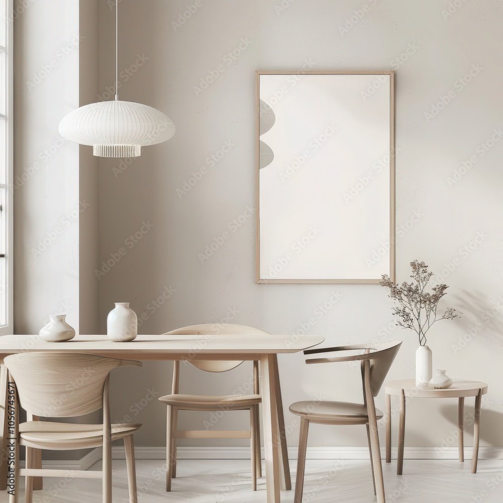 Minimalist dining room interior with wooden table. chairs. and a blank poster frame The room features a large window and a light beige color palette Minimalist dining room interior with wooden table. chairs. and a blank poster frame The room features a large window and a light beige color palette