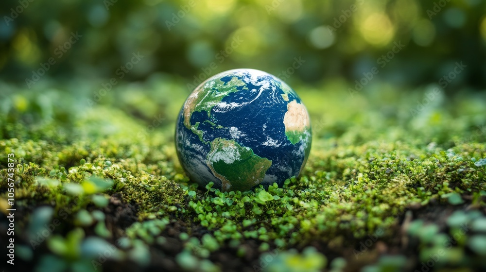 A Miniature Globe Resting on Lush Green Moss A Miniature Globe Resting on Lush Green Moss