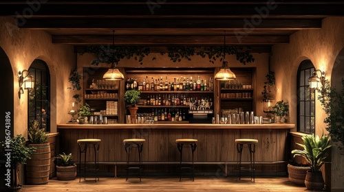 Cozy bar interior with wooden counter and various drinks displayed.