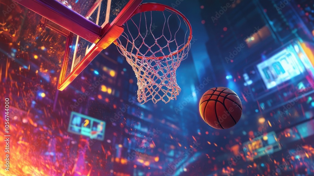 Dynamic Basketball Action in a Neon Cityscape Dynamic Basketball Action in a Neon Cityscape