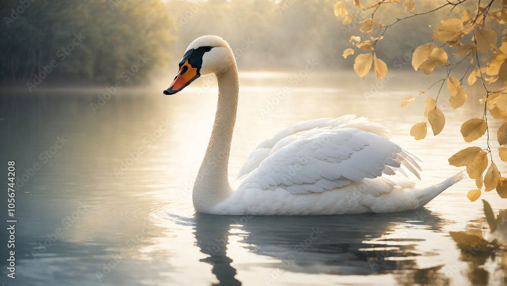 A white swan glides on a calm, misty lake. Golden leaves drape over the water's edge. A white swan glides on a calm, misty lake. Golden leaves drape over the water's edge.