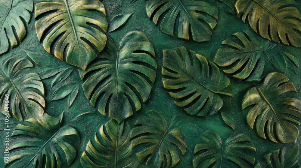 An elegant bas relief design featuring small, detailed Monstera leaves An elegant bas relief design featuring small, detailed Monstera leaves