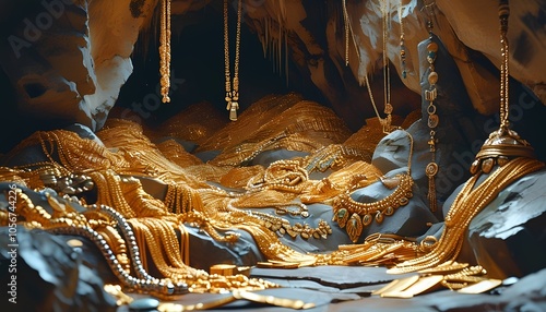 Lots of gold bars, necklaces and bracelets piled high at Treasure Cave.