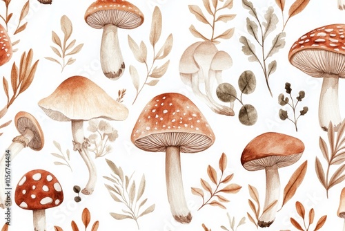 Autumn Mushroom Watercolor Pattern