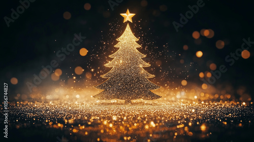 A glittering and sparkling golden Christmas tree with a star on top, set against a black background