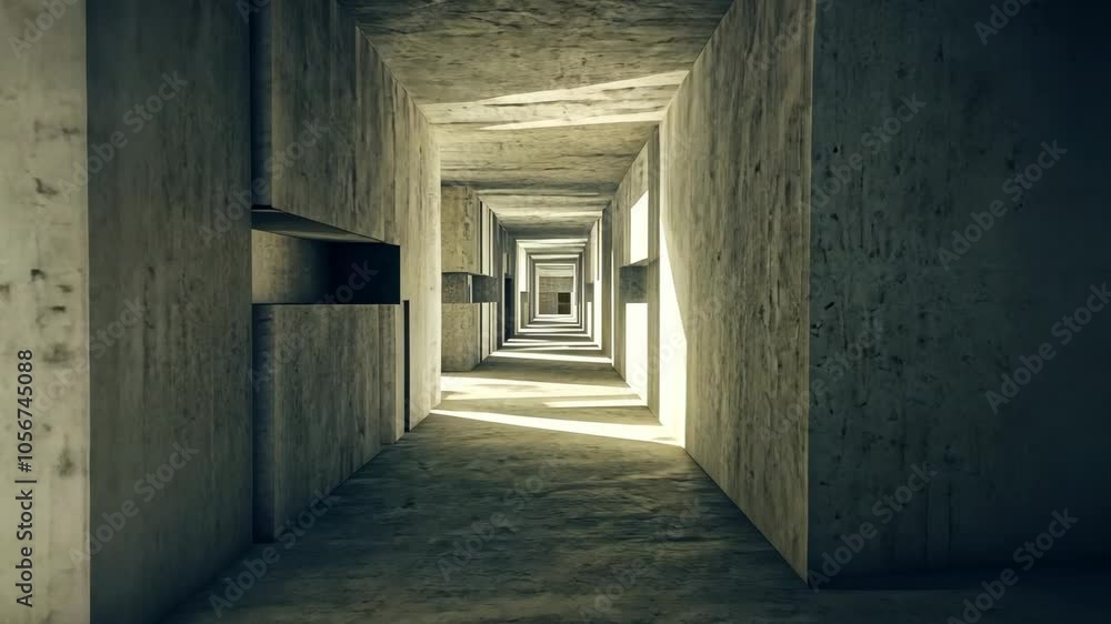 Brutalist public housing with repetitive, modular design, thick concrete walls, and narrow, shadow-filled corridors, emphasizing function over form. . Video
