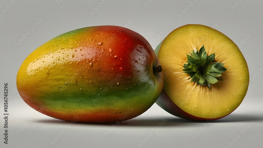 Ripe Mango with Sliced Half and Water Droplets Ripe Mango with Sliced Half and Water Droplets