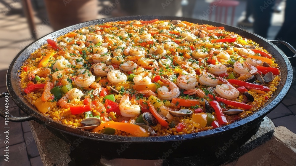 Colorful seafood paella in a large pan Colorful seafood paella in a large pan