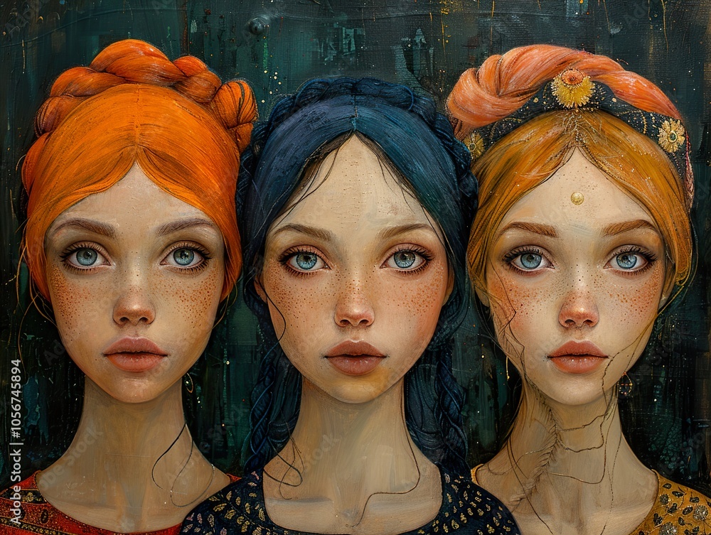 Three Women with Intriguing Gazes - A Mystical Portrait Painting Three Women with Intriguing Gazes - A Mystical Portrait Painting