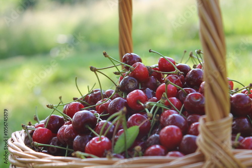 Ripe cherries in a wicker basket.