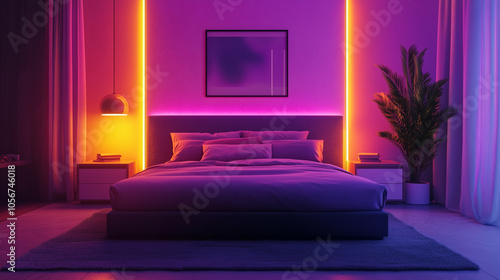 Minimalist bedroom with neon colors in wall decor, retro-inspired lamps, and bold, solid bedding