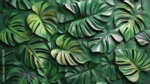 Wallpaper Mural Bas relief pattern of Monstera leaves, designed with small, Torontodigital.ca