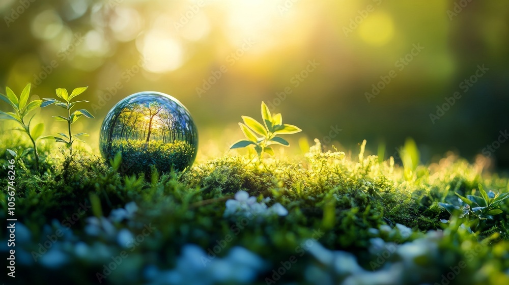 Glass Sphere Reflecting a Forest Scene on a Bed of Moss and Green Plants Glass Sphere Reflecting a Forest Scene on a Bed of Moss and Green Plants