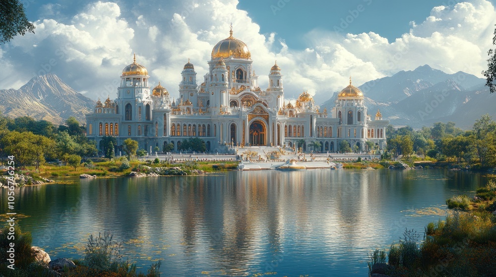 Fototapeta premium Majestic palace by a serene lake surrounded by mountains.