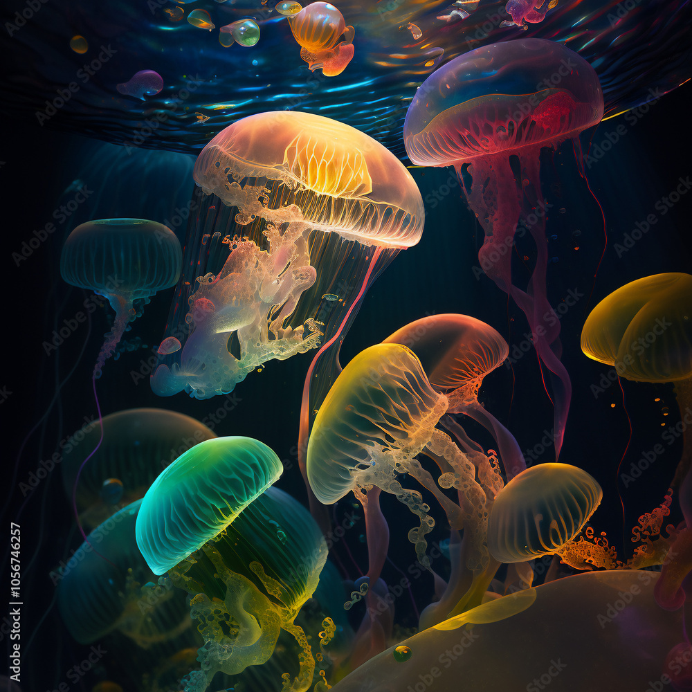 Obraz premium Adorn your wall with a multicolor jellyfish spectral featuring a captivating Abstract Ocean Art