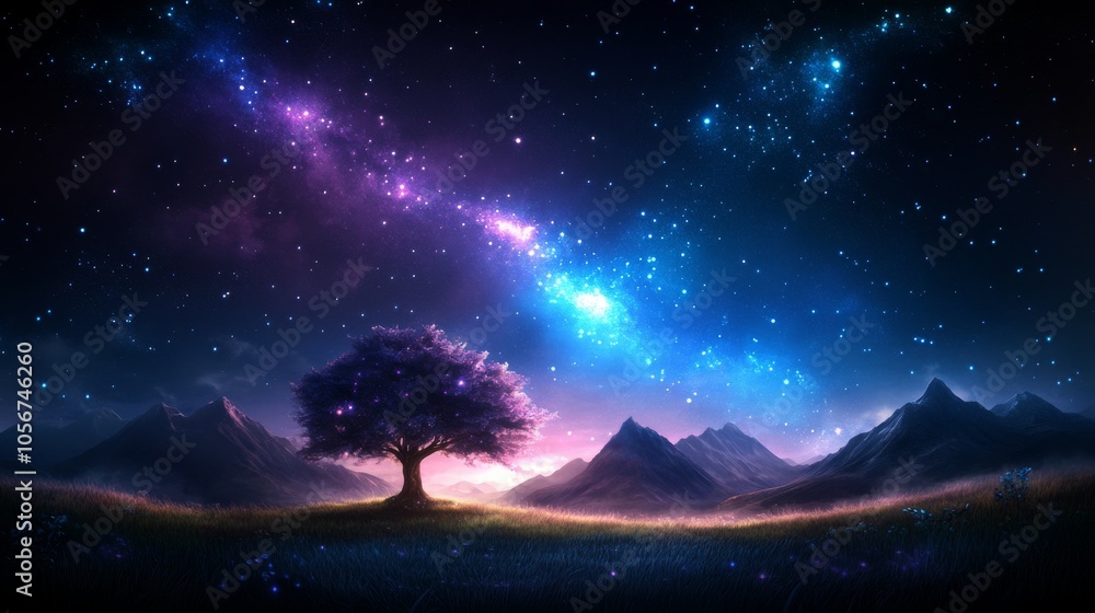 Fototapeta premium Enchanted tree under a starry cosmic sky