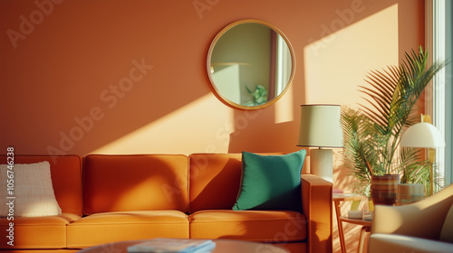 Thrift-inspired room in terracotta tones, accented with postmodern mirrors and sculptural furniture photo