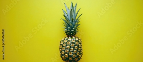 x000D Top View Of Pineapple On Yellow Green Backgroundd photo