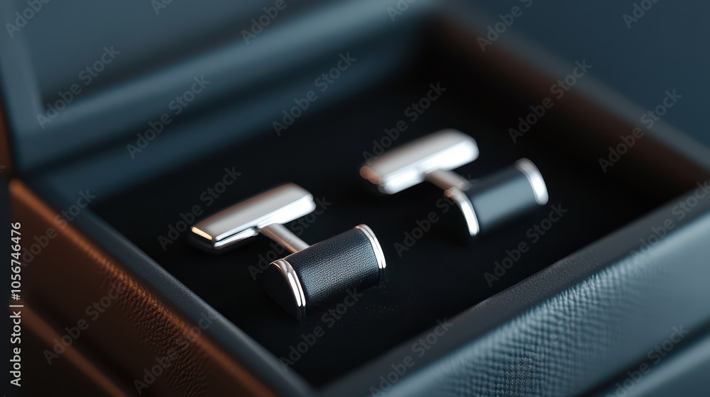 Elegant silver cufflinks presented in a luxurious black box, perfect for formal occasions and stylish gifts. Elegant silver cufflinks presented in a luxurious black box, perfect for formal occasions and stylish gifts.