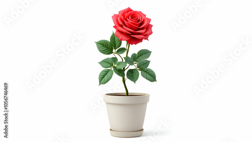 Red Rose Plant in White Pot on White Background