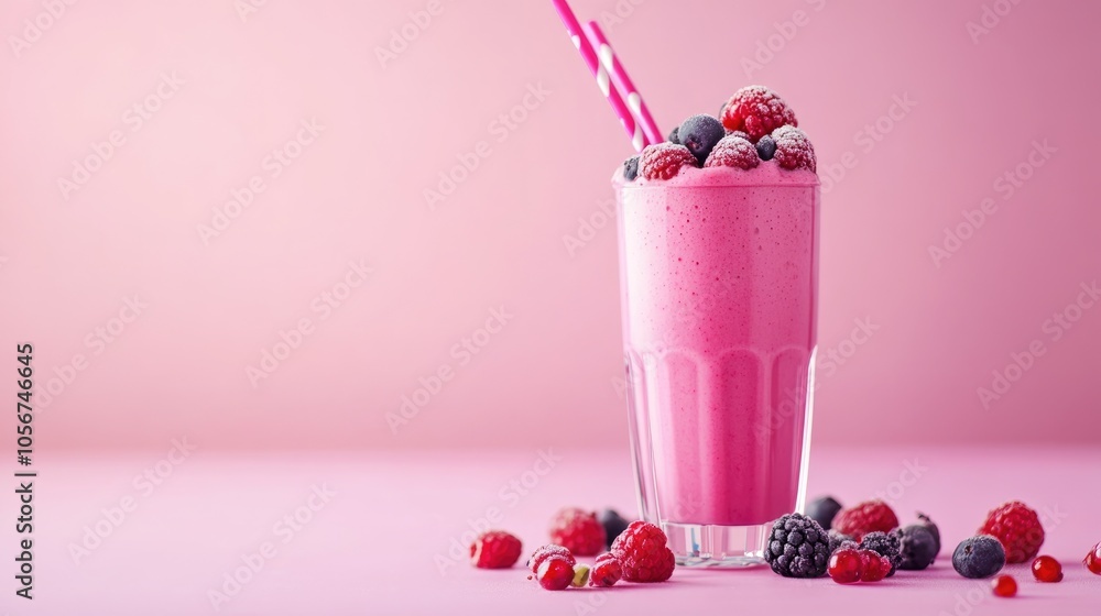 Berry smoothie or milkshake on a pink table perfect for a healthy dessert snack or breakfast option Berry smoothie or milkshake on a pink table perfect for a healthy dessert snack or breakfast option