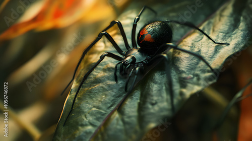 A close-up of a black widow spider resting on a toxic plant leaf.