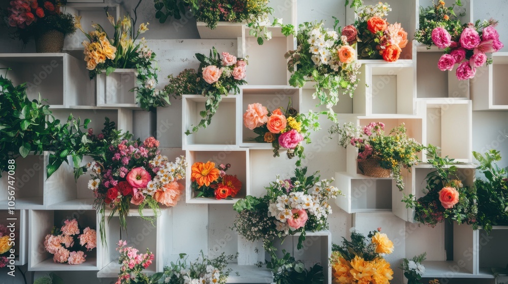 Fototapeta premium Beautifully arranged white wooden boxes on a wall, filled with colorful flowers