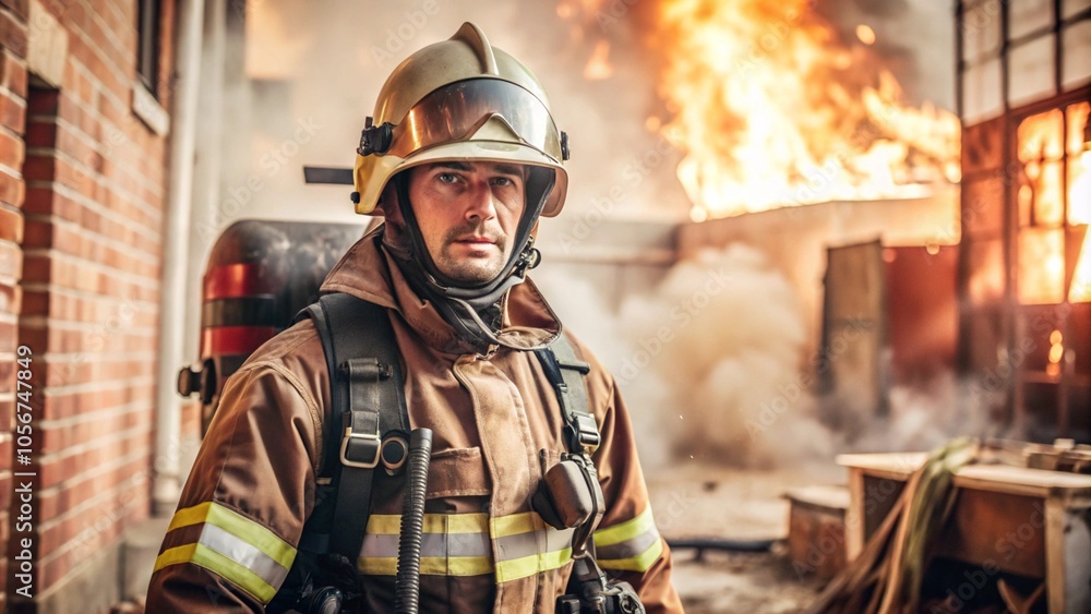 fireman in protective uniform standing near fire fireman in protective uniform standing near fire