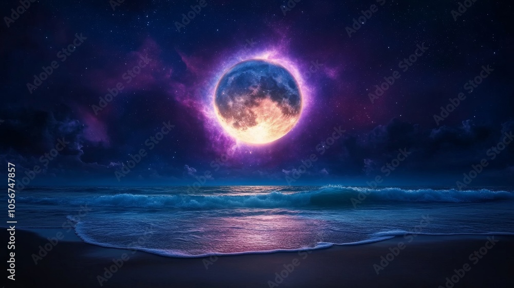 Enchanting cosmic moonrise over tranquil ocean waves Enchanting cosmic moonrise over tranquil ocean waves