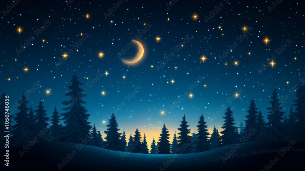 Serene night sky over a tranquil forest landscape Serene night sky over a tranquil forest landscape
