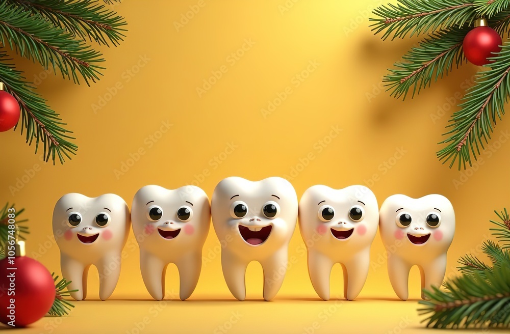 Obraz premium Figures of smiling teeth on a yellow background with a Christmas decoration. Christmas and New Year at the dental clinic. A festive medical concept.