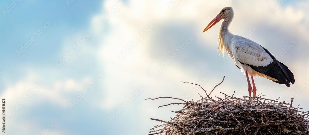 Fototapeta premium Stork Standing In Its Nest In Warm Weather