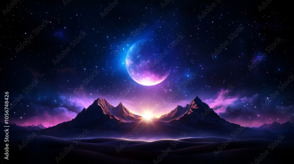 Ethereal mountain landscape under a cosmic night sky Ethereal mountain landscape under a cosmic night sky