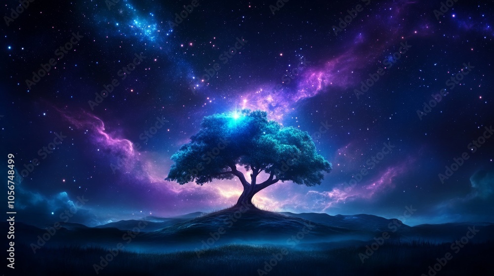 Fototapeta premium Mystical tree under a cosmic night sky