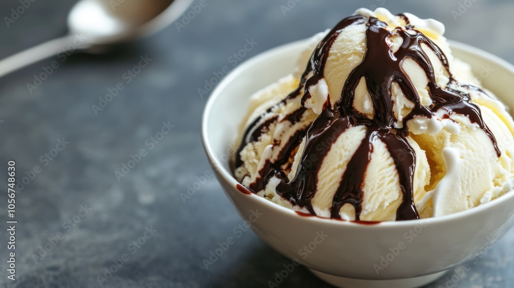 Delicious vanilla ice cream topped with chocolate syrup and whipped cream perfect for a refreshing summer dessert Delicious vanilla ice cream topped with chocolate syrup and whipped cream perfect for a refreshing summer dessert