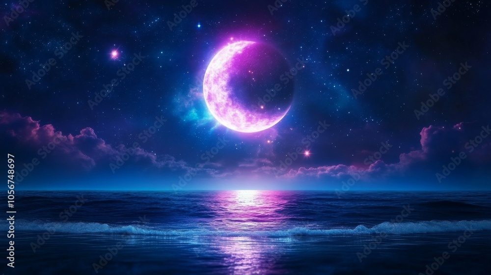 Ethereal moonlit ocean scene with vibrant cosmic colors Ethereal moonlit ocean scene with vibrant cosmic colors