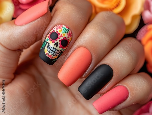 Wallpaper Mural Vibrant nail art featuring a colorful sugar skull design, blended with matte finishes in coral and black, surrounded by floral accents. Torontodigital.ca