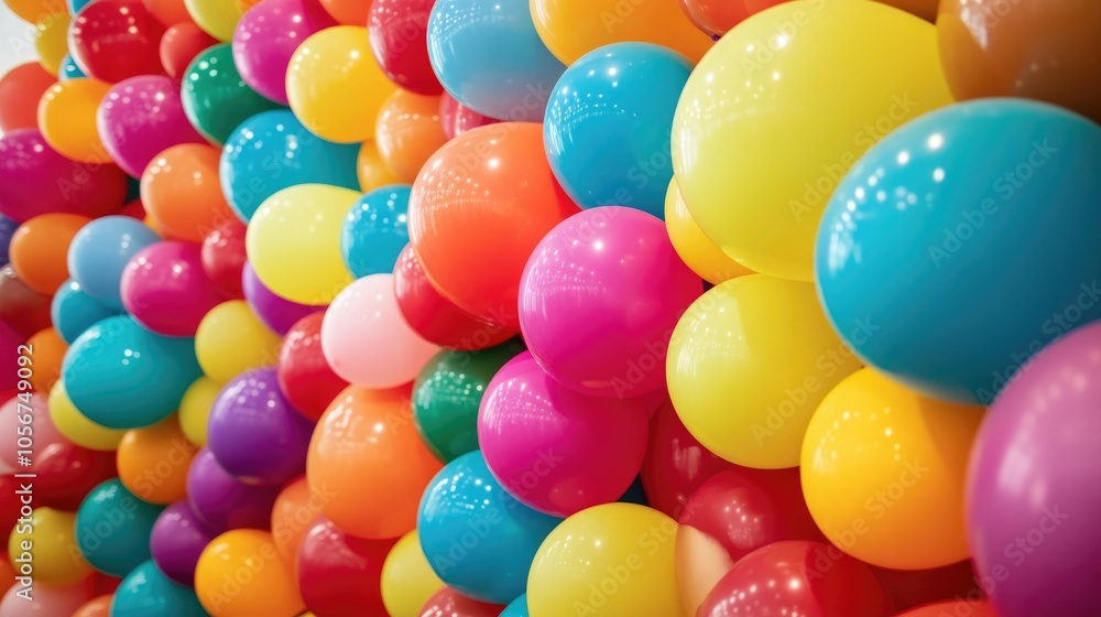 A vibrant display of colorful balloons arranged in a vertical format A vibrant display of colorful balloons arranged in a vertical format