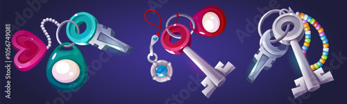 House keychain vector. Home door key with ring for pendant or souvenir. Silver office or rent apartment lock accessory with hanging cute pink detachable jewelry. Trinket charm design with magnet