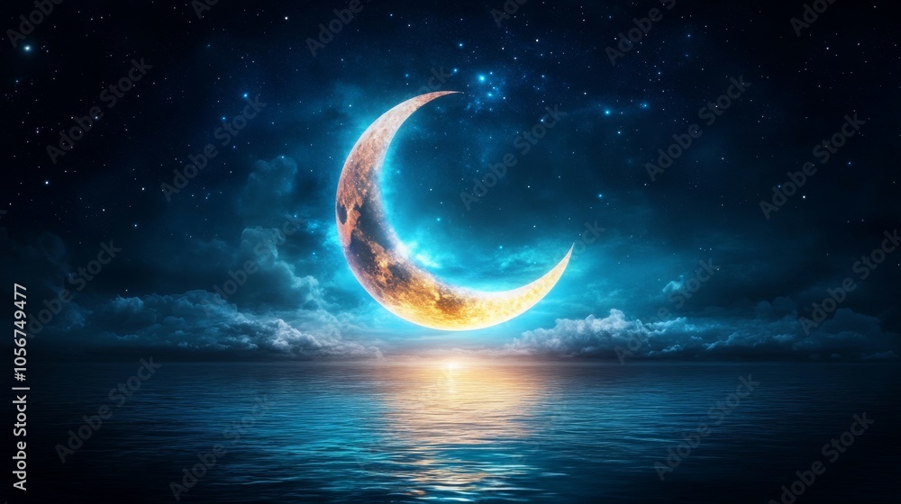 Enchanting crescent moon over tranquil ocean waters Enchanting crescent moon over tranquil ocean waters