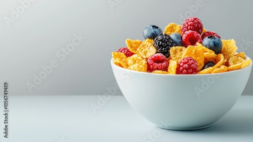 Bowl of corn flakes topped with berries and milk against a light gray backdrop Ideal for healthy breakfast themes photo