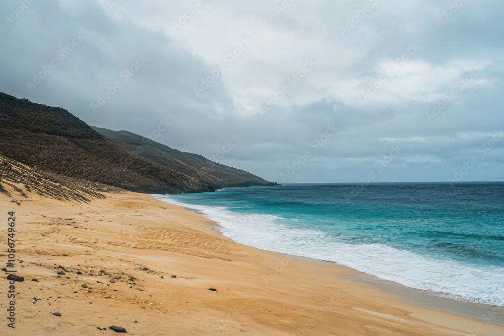 Pristine sandy dunes merging with the blue ocean under a cloudy sky during a sunny afternoon Pristine sandy dunes merging with the blue ocean under a cloudy sky during a sunny afternoon