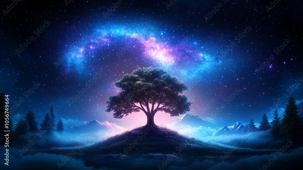 Mystical tree under a starry galaxy sky Mystical tree under a starry galaxy sky