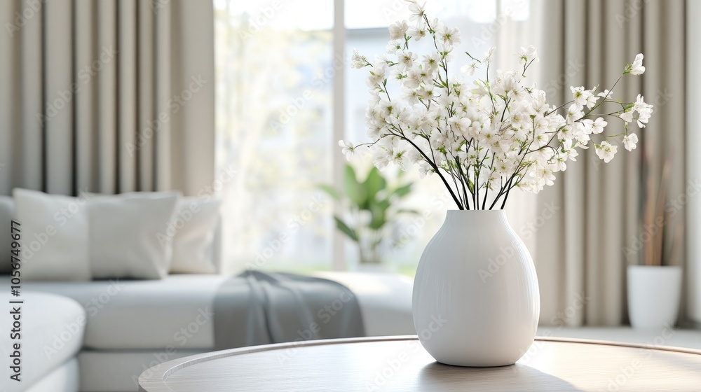 Elegant white vase with soft blooms on a circular table in a bright living space emphasizing a tranquil ambiance and minimalist design Elegant white vase with soft blooms on a circular table in a bright living space emphasizing a tranquil ambiance and minimalist design