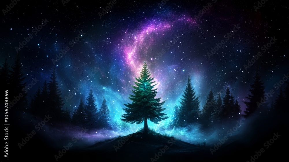 Cosmic Forest Under a Starry Sky