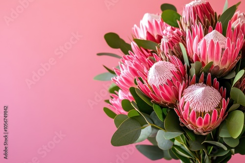 Lively pink composition showcasing fresh queen protea flowers with generous area for text inclusion photo