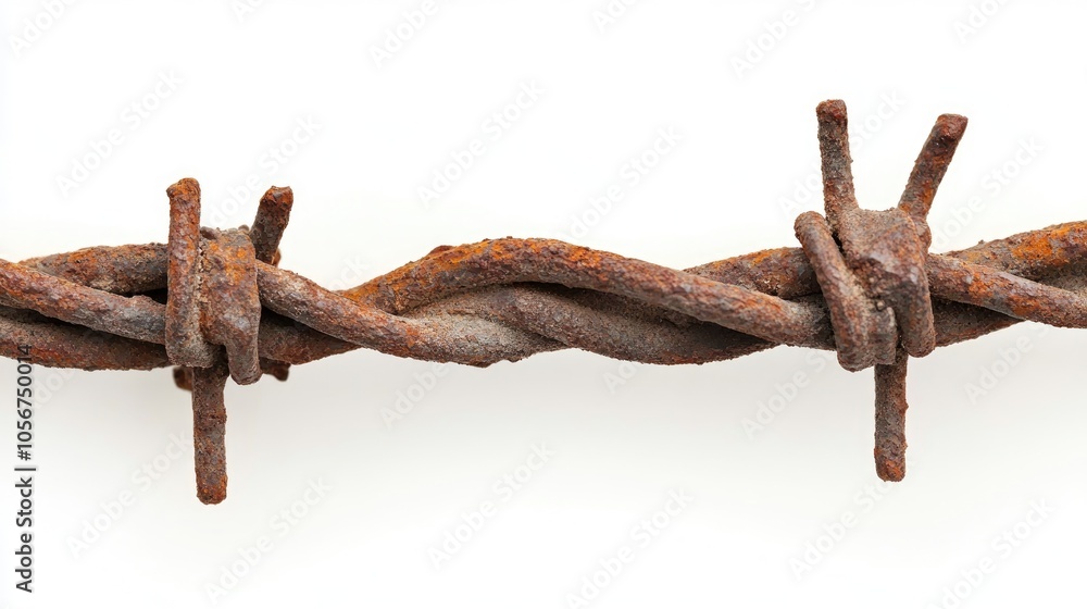 Rusty barbed wire coil on a white background captured in close up Represents themes of industry and security Rusty barbed wire coil on a white background captured in close up Represents themes of industry and security