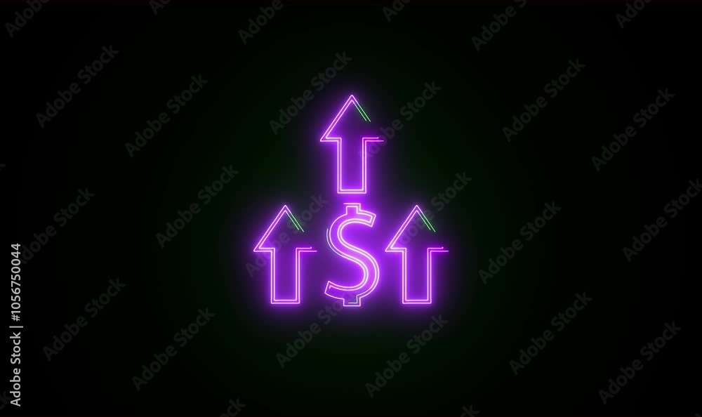 Glowing neon line of dollar sign icon and up arrow with black background. Money, profit, investment, growth business and success concept. Glowing neon line of dollar sign icon and up arrow with black background. Money, profit, investment, growth business and success concept.